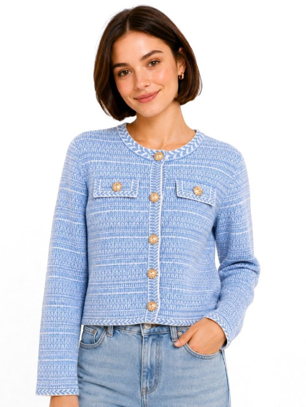 Select + Trend Blue White Knit Cardigan Sweater